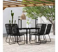 Owoxanthellate Set da pranzo da giardino, nero, con piano in vetro, 140 x 70 cm, moderno, in acciaio verniciato a polvere e rattan PE resistente alle intemperie, per balcone, terrazza e giardino