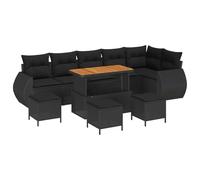 Owoxanthellate Set di 10 divani da giardino in polyrattan e legno di acacia, gruppo lounge modulare nero con cuscini, tavolo da pranzo e poggiapiedi, per giardino, terrazza ed esterni