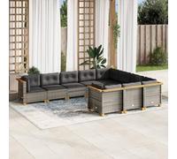 Owoxanthellate Set di 10 divani da giardino in rattan, 63,5 x 63,5 x 62 cm, grigio resistente alle intemperie, mobili in polyrattan con gambe in legno di acacia e cuscini lavabili per balcone