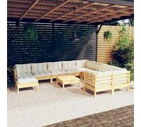 Owoxanthellate Set di 11 lounge da giardino in legno di pino con imbottitura color crema, 63,5 x 63,5 x 62,5 cm, modulare per divano ad angolo, resistente alle intemperie, per balcone, terrazza
