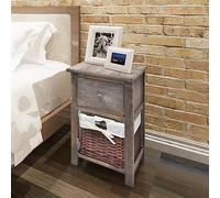 Owoxanthellate Set di 2 comodini Paulownia in legno, 28 x 31 x 45 cm, tavolini con cassetto e cesto di vimini rustico, marrone, per camera da letto, soggiorno, corridoio