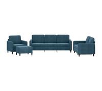 Owoxanthellate Set di 4 divani in velluto blu con poltrona, 2 posti, 3 posti e sgabello, per il soggiorno, design moderno, con gambe in metallo e cuscini stabili