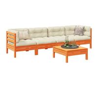 Owoxanthellate Set di 5 divani da giardino in legno di pino massiccio, 63 x 63 cm, marrone cerato, con cuscino Oxford color crema, design moderno modulare per balcone, terrazza, giardino e cortile