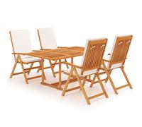 Owoxanthellate Set di 5 mobili da giardino in teak con sedie pieghevoli, cuscino bianco crema, 150 x 90 cm, foro per ombrellone, in legno massiccio, resistente alle intemperie, per balcone, terrazza