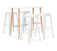 Owoxanthellate Set di 5 tavolini da bar bianchi 120 x 60 x 105 cm in MDF e metallo, impilabili con poggiapiedi e gambe effetto legno, set da pranzo moderno per cucina, giardino, balcone, ristorante