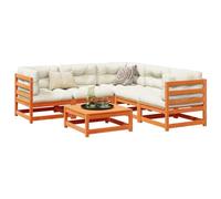 Owoxanthellate Set di 6 divani da giardino in legno di pino massiccio, 70 x 70 x 67 cm, marrone cerato con cuscino Oxford color crema, design modulare per giardino, terrazza, balcone