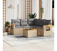 Owoxanthellate Set di 6 mobili da giardino in polyrattan, 277 x 277 cm, beige, divano ad angolo, con braccioli in legno e tavolo d'acacia, moderno, resistente alle intemperie, per balcone, terrazza