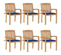 Owoxanthellate Set di 6 sedie da giardino impilabili in teak con cuscino blu reale, 60 x 57,5 x 90 cm, resistenti alle intemperie, design moderno, per sala da pranzo, terrazza, balcone e soggiorno