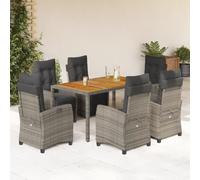 Owoxanthellate Set di 7 mobili da giardino in polyrattan grigio con tavolo in legno di acacia, 150 x 90 x 75 cm, poltrona regolabile, portata 110 kg, resistente alle intemperie, per balcone, terrazza