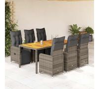 Owoxanthellate Set di 7 mobili da giardino in rattan sintetico, colore grigio, tavolo in legno di acacia, 190 x 90 cm, poltrona lounge regolabile con cuscino, design moderno, balcone, terrazza