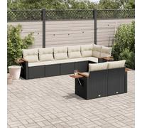 Owoxanthellate Set di 8 mobili da giardino in polyrattan, colore nero, 62 x 62 x 69 cm, con bracciolo in legno di acacia, per esterni, resistente alle intemperie, per terrazza, balcone, giardino