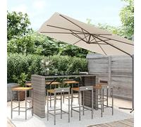 Owoxanthellate Set di 9 bar da giardino grigio polyrattan, 185 x 80 x 110 cm, con seduta in legno di acacia, 8 sgabelli da bar, resistente alle intemperie, moderno, per terrazze, balconi, esterni
