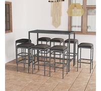 Owoxanthellate Set di 9 bar da giardino in rattan sintetico, 130 x 60 x 110 cm, 8 sgabelli da bar, cuscini color crema, acciaio e vetro, terrazza, balcone, giardino