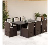 Owoxanthellate Set di 9 mobili da giardino in rattan PE marrone, 200 x 100 cm, tavolo con 8 sedie e cuscini regolabili, per esterni, per balcone, terrazza, giardino