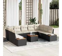 Owoxanthellate Set di divani da giardino in polyrattan nero, 10 pezzi, 55 x 62 x 69 cm, modulare resistente alle intemperie, con struttura in legno di acacia, per piccole terrazze, balconi, esterni