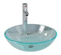Owoxanthellate Set di lavandini rotondi in vetro con rubinetto e scarico | Elegante lavabo da appoggio in vetro temperato per bagno e WC degli ospiti con rubinetto e valvola di scarico pop-up.