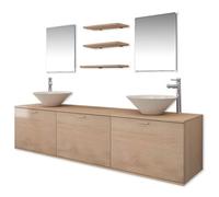 Owoxanthellate Set di mobili da bagno con doppio lavabo, 10 pezzi, beige | Set da bagno da appendere alla parete con lavabo in ceramica, rubinetti, specchi e tre ripiani.