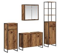 Owoxanthellate Set di mobili da bagno da 4 pezzi, effetto legno anticato, con mobiletto per lavabo, armadietto alto, armadietto e armadietto a specchio, materiale in legno e telaio in acciaio