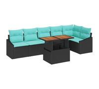 Owoxanthellate Set di mobili da giardino da 7 pezzi con cuscini, in polyrattan e legno di acacia, per terrazza, set modulare da giardino con vano portaoggetti, nero e verde acqua, 100 x 55 x 73 cm