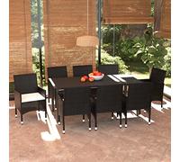 Owoxanthellate Set di mobili da giardino da 9 pezzi, nero, 190 x 90 cm, 8 sedie con imbottitura color crema, effetto rattan, per balcone, terrazza, giardino d'inverno e piccoli patios