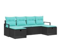 Owoxanthellate Set di mobili da giardino in polyrattan, 6 pezzi, con cuscini e poggiapiedi, set modulare per terrazza e balcone, colore nero e turchese