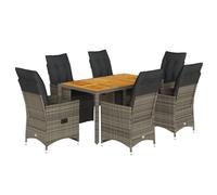 Owoxanthellate Set di mobili da giardino in polyrattan, 7 pezzi, grigio | Poltrona relax regolabile con funzione a leva, tavolo in legno massello di acacia e cuscini spessi per balcone e terrazza.