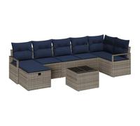 Owoxanthellate Set di mobili da giardino in polyrattan, 8 pezzi, moderno set con cuscini, tavolo, poggiapiedi e spazio per riporre oggetti, per terrazza e giardino, grigio e blu navy