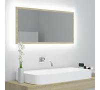 Owoxanthellate Specchio da bagno a LED, 90 x 37 cm, rovere Sonoma con illuminazione RGB, telaio in acrilico, montaggio orizzontale/verticale, design moderno per piccoli bagni e WC degli ospiti