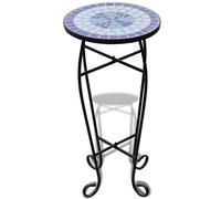 Owoxanthellate Tavolino rotondo con mosaico blu e bianco, 30 cm, tavolo da giardino per terrazza, sgabello per fiori, balcone, piccolo tavolino da caffè in ceramica e ferro
