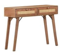 Owoxanthellate Tavolo consolle 100 x 35 x 76 cm, in legno massiccio di mango, rustico, con 2 cassetti e intreccio naturale, tavolino sottile in vero legno per corridoio e soggiorno
