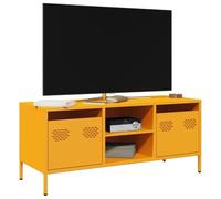 Owoxanthellate TV Lowboard giallo senape, 101,5 x 39 x 43,5 cm, in acciaio laminato a freddo, 2 scomparti e 2 cassetti, piedini regolabili, design industriale, per soggiorno e camera da letto