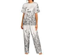 OXbnmm Set pigiama da donna con incisione botanica con erbe floreali, 2 pezzi, scollo rotondo, con tasche per tutti i tipi di corpo, Nero , M