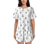 OXbnmm Set pigiama da donna con stampa di rami di gufo, estivo a maniche corte, leggero, con tasche, per salotto, casa, spiaggia, Nero , 3XL