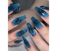 OXDOHUE 24 pezzi Unghie finte blu scuro dal design tridimensionale dell'oceano con colla, adatte per matrimoni e appuntamenti