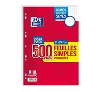Oxford Scolaire fogli semplici perforati A4, 21 x 29,7 cm, 90 g, a quadretti grandi, 500 pagine