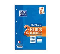 Oxford - Set di 2 blocchi di fogli staccabili e perforati, 2 x 200 pagine, 90 g, a quadretti grandi