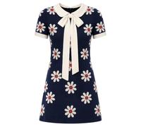 OXKnit - Abito da donna in maglia con colletto a farfalla, maniche corte, linea ad A, stile retrò, con tasche laterali, Blu mare, L