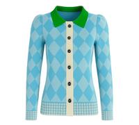 OXKNIT Cardigan da donna blu, a maniche lunghe, elegante, casual, con bottoni e rombi jacquard, Blu, XL
