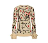 OXKnit Maglione da donna a maniche lunghe con scollo rotondo, in kaki con design jacquard e motivo parigi, cachi, L