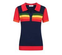 OXKNIT Polo da donna a maniche corte, stile retrò, blu marino con arcobaleno, a righe, jacquard, per il tempo libero, scollo a V, maglia polo in cotone, Blu marino, M