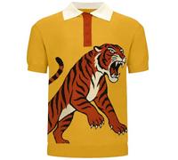 OXKNIT Polo da uomo a maniche corte, in cotone, stile retrò, colore giallo, con motivo tigre, per il tempo libero, per l'estate, giallo., XXL