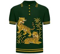 OXKNIT Polo da uomo a maniche corte, in cotone, vintage, a maglia, verde scuro, con motivo tigre, per il tempo libero, per l'estate, verde scuro, M