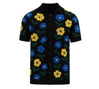 OXKNIT Polo da uomo a maniche corte in cotone vintage maglia nera polo con giallo blu fiore jacquard Button Down Shirt per il tempo libero, Nero , L