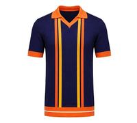 OXKnit - Polo da uomo a maniche corte, stile retrò, a righe, blu marino con strisce arancioni, scollo a V, colletto a contrasto, casual, estiva, per il tempo libero, Blu scuro, L