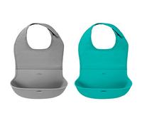 OXO Tot Bavaglino arrotolabile in silicone impermeabile con collo in tessuto confortevole, 2 pezzi, grigio/verde acqua