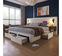 Oxtao Set completo per camera da letto, letto imbottito, 180 x 200, letto matrimoniale con 2 comodini e 4 cassetti, testiera con funzione di ricarica USB, tessuto in velluto (beige - cassetto, 180 x