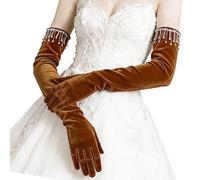 Oxtxuzdm Eleganti guanti lunghi vellutati con strass per balli e matrimoni caldi e comodi guanti da donna, Marrone, Taglia unica