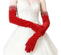 Oxtxuzdm Eleganti guanti lunghi vellutati con strass per balli e matrimoni caldi e comodi guanti da donna, Rosso, Taglia unica