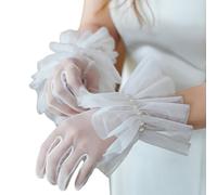 Oxtxuzdm Guanti da ballo con polsini trasparenti per cerimonie formali e matrimoni, con polsini increspati, guanti da sera, Bianco latte, Taglia unica