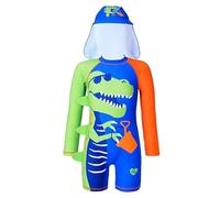 OXUBOAO Costume da bagno intero per bambini con dinosauro Rash Guard a maniche corte UPF 50+ + cuffia da nuoto, Blu, 4-5 Anni